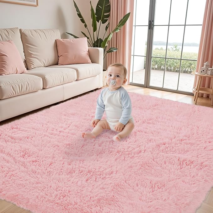 Fluffy Pink Area Rug for Bedroom Living Room Soft 8x10 Fuzzy Washable Rugs - Image 9