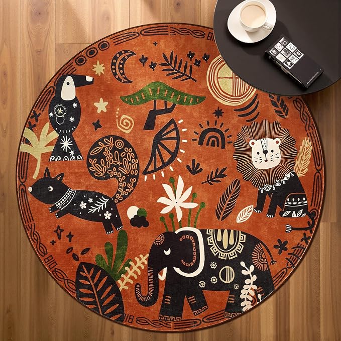 jinchan 5ft Cute Round Rug Kids Washable Fun Rug Terracotta Boho Jungle Indoor - Image 2