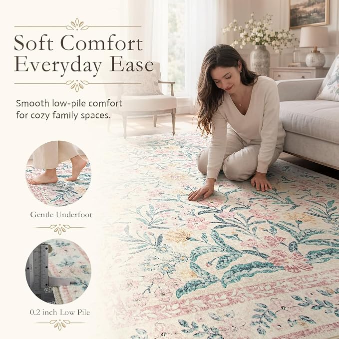 Wonnitar Floral Washable Runner Rug, Boho Non Slip Soft 8ft Long Carpet - Image 4