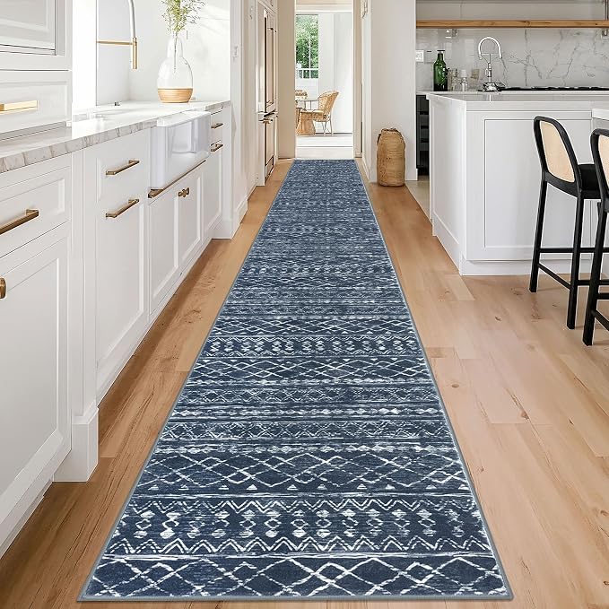 KUTA Moroccan Washable Runner Rug 2.6x18 Non-Slip Vintage Navy Blue Boho - Image 2