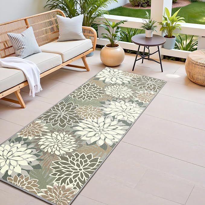 2x6 Washable Runner Rug for Hallway Tropical Botanical Modern Floral Chenille by ArenaRug