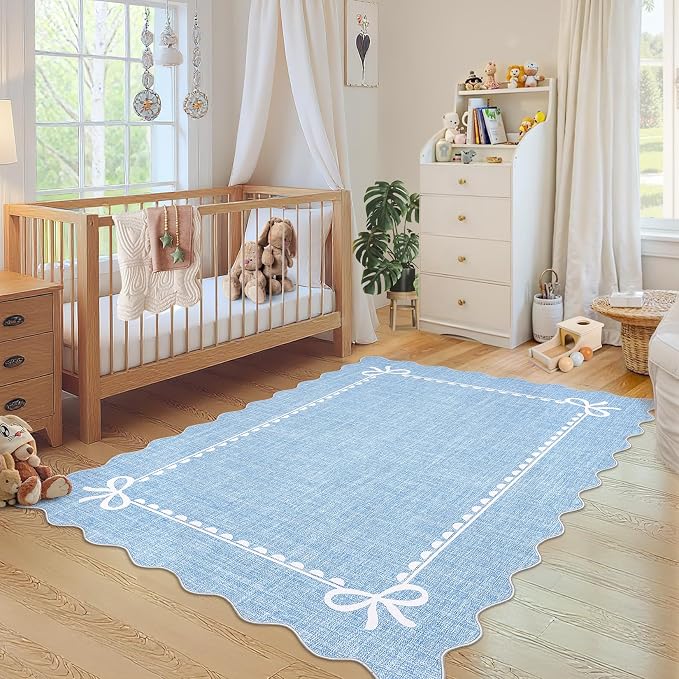 GarveeHome Scalloped Bow Rug for Living Room, Solid Blue Rug for Dorm, Washable - Image 4
