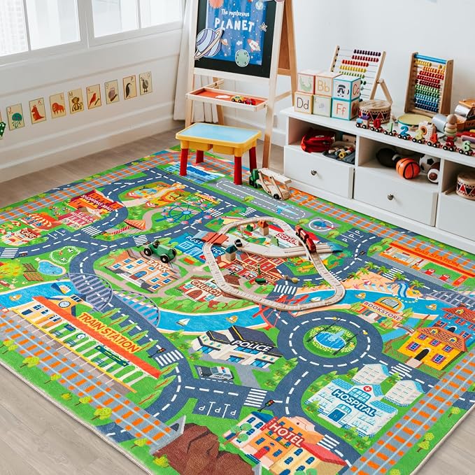 Car Rug Play Mat for Kids Toy Cars, 4 Packs 3'x4'/ 36"x48" Road Traffic Playmat by PlumlikHomeDecor