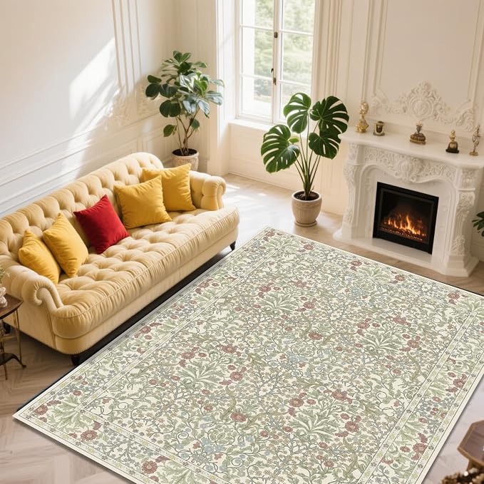 Vintage Light Green Living Room Rug, 8x10 Washable Area Rugs - Image 2