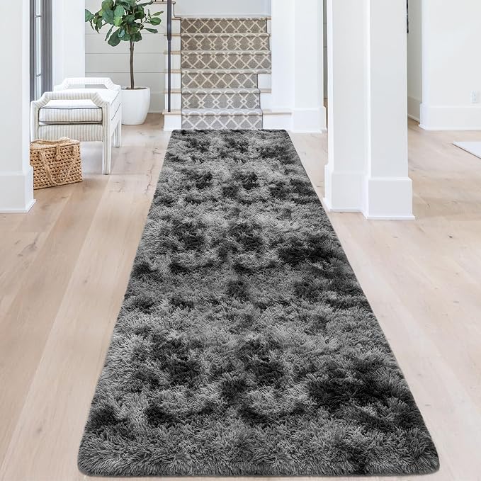 3x10ft Plush High Pile Black Tie-Dyed Rug Fluffy Soft Runner Bedside Rug - Image 2