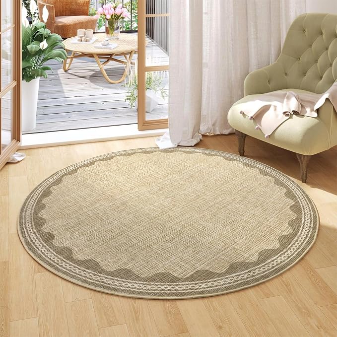 GarveeHome Scalloped Jute Print 4 ft Round Rug Washable Non-Slip Soft by GarveeHome