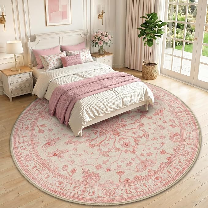 RELEANY Area Rugs Round 10ft Washable Non-Slip, Floral Vintage Distress - Image 2