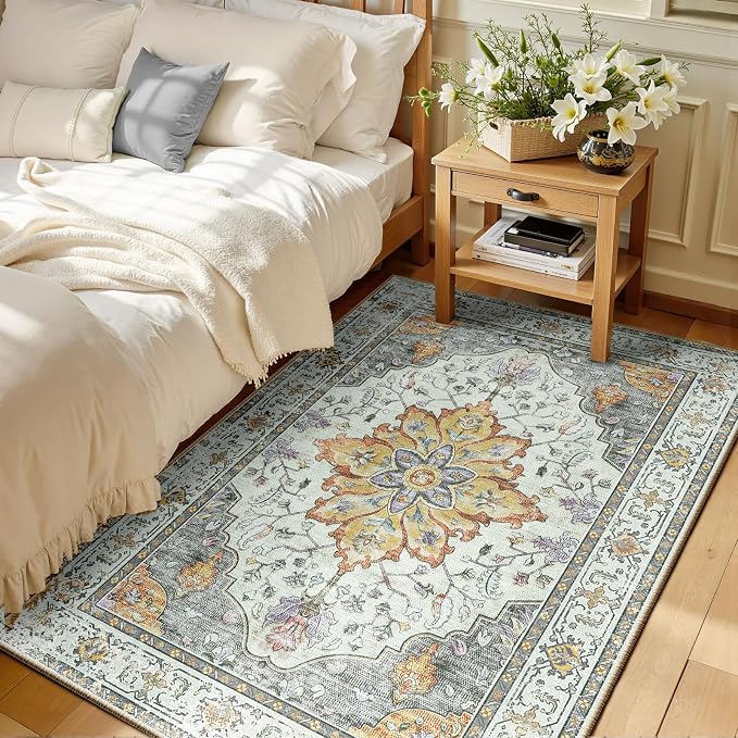 RELEANY Area Rugs 3'x5' Washable Non-Slip, Floral Vintage Distress Medallion by RELEANY