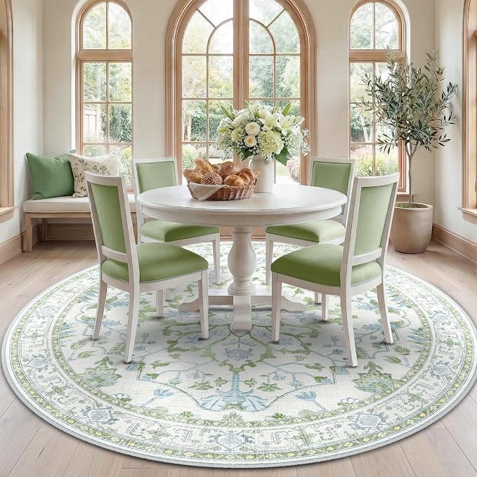 RELEANY Area Rugs Round 7ft Washable Non-Slip, Floral Vintage Distress by RELEANY