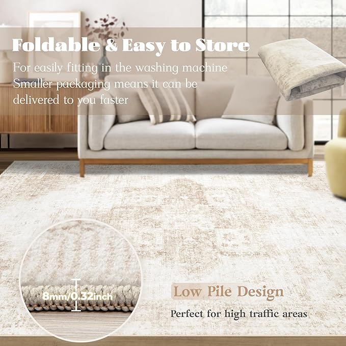 Area Rug 6x9 Washable Rug, Vintage Boho Medallion Rugs Non-Slip Soft Low Pile - Image 7