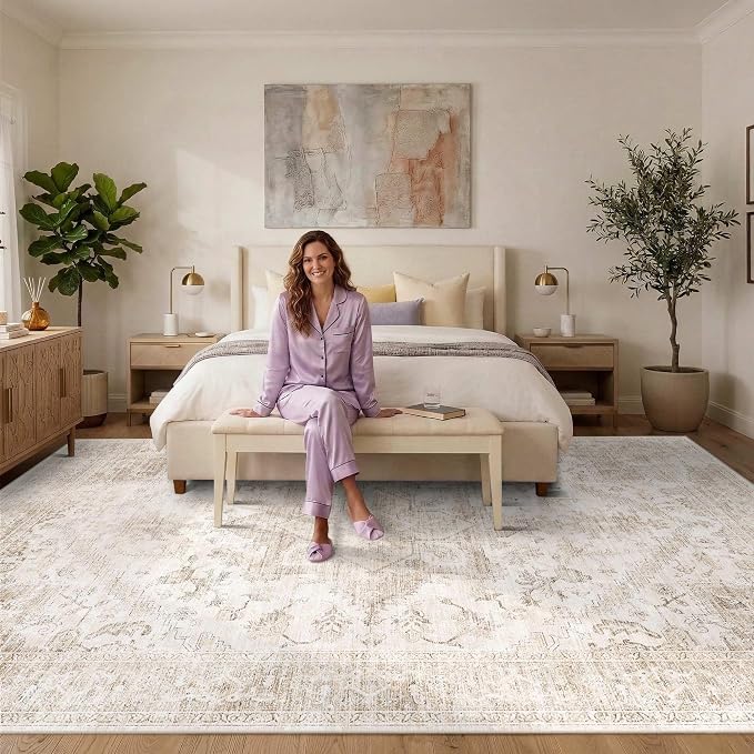 Rugxara 10x14 Extra Large Washable Area Rug, Soft Neutral Vintage Boho Rug - Image 2