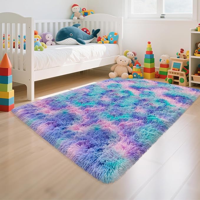 Tie-Dyed Purple Blue Rainbow Kids Rug - Image 2