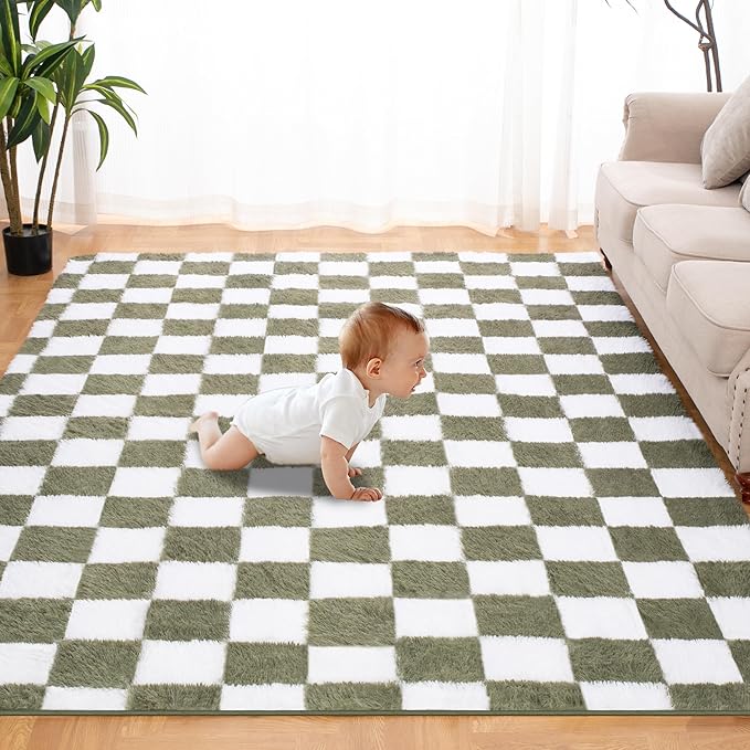 Super Soft Rug for Bedroom, 3x5 Ft Green and White Area Rug Classic Checkered by TOOHUB