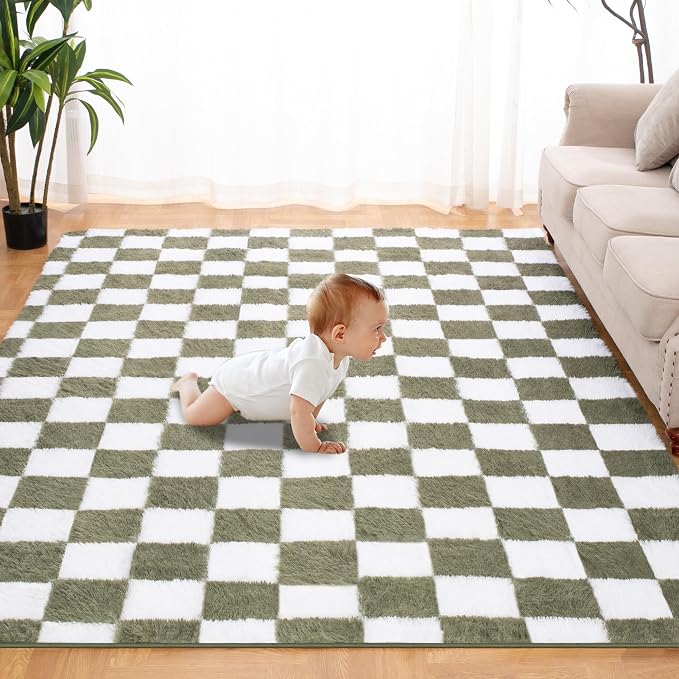 Super Soft Rug for Bedroom, 5x8 Ft Green and White Area Rug Classic Checkered by TOOHUB