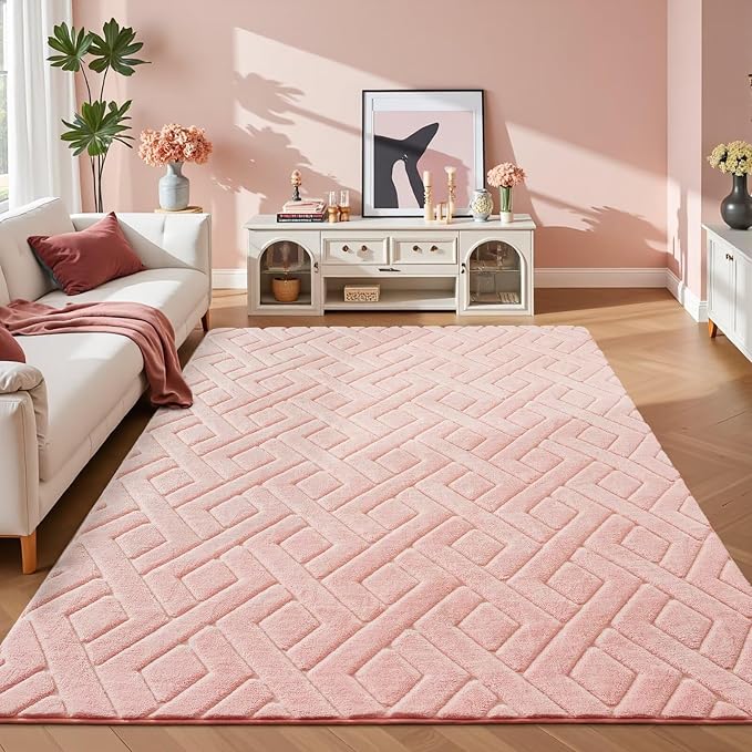 3x5 Pink Washable Area Rug for Girls Bedroom, Modern Geometric Shag Non-Slip - Image 2