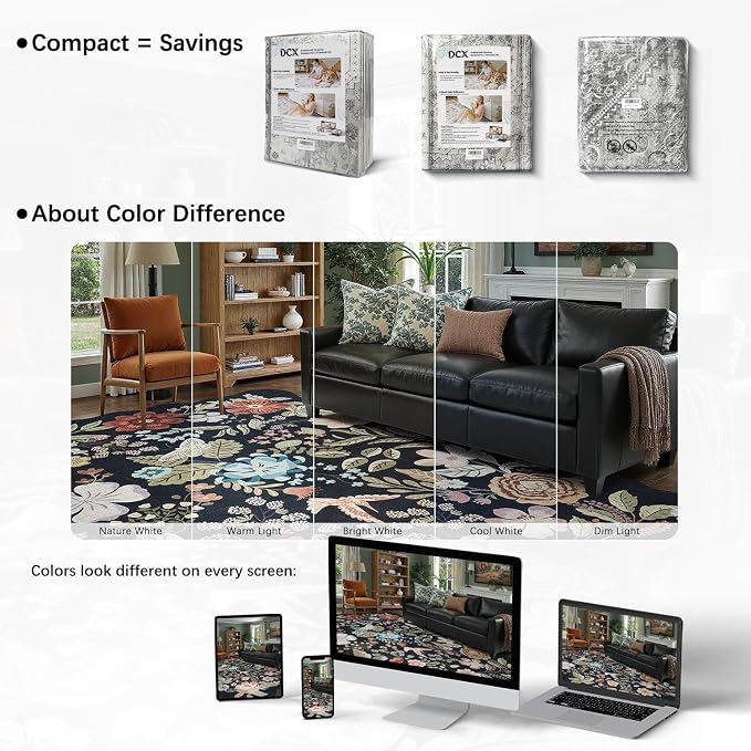 DCX Black Floral Rug 5x7, Washable Black Rug - Image 6
