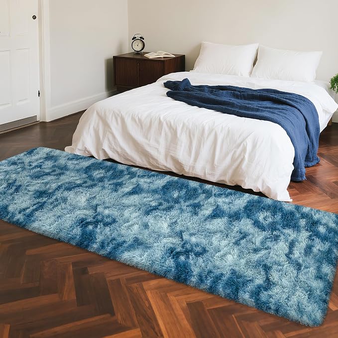 2x8 ft Plush High Pile Blue Tie-Dyed Rug Fluffy Soft Runner Bedside Rug - Image 2
