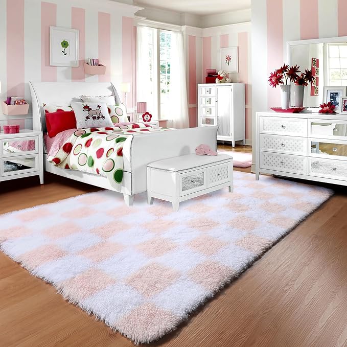 KICMOR 5x7 Area Rugs for Living Room, Fluffy Soft Light Pink and White - Image 9