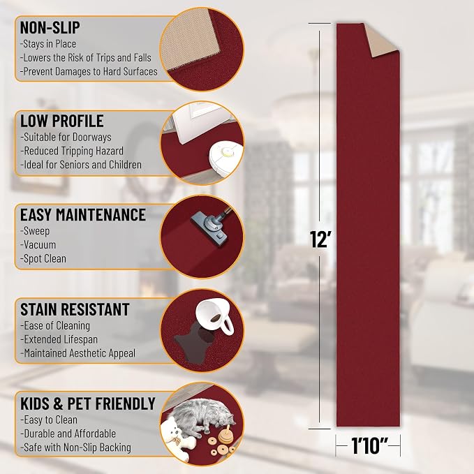 Ottomanson Hallway Runner Rug Non Slip Solid Area Rugs, Solid Red - Image 2