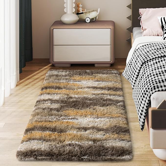 Soft Runner Rugs for Bedroom Hallways, 2x4 Abstract Brown Fluffy Shag Throw by Ailyei
