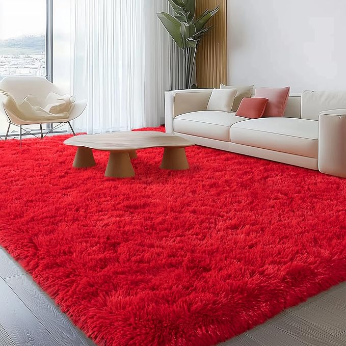 Red Rug 8x10 Carpet for Living Room, Soft Large Shag Rugs for Bedroom, Fluffy by WISHTREE