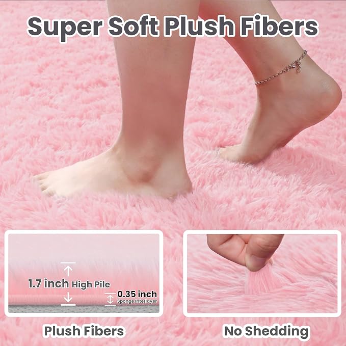2x6 Bedside Area Rugs for Bedroom: Soft Fluffy Shag Pink Rug for Hallway - Image 4