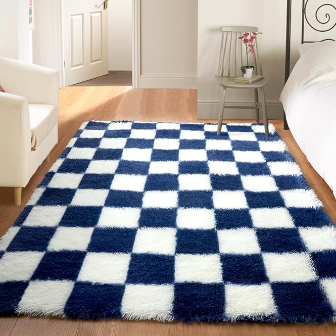 KICMOR Soft Fluffy Navy Blue and Cream White Area Rug - Image 3