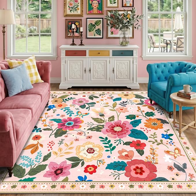 RELEANY Floral Square 8ft Area Rugs Washable Print Boho Cute Carpet Non Slip by RELEANY