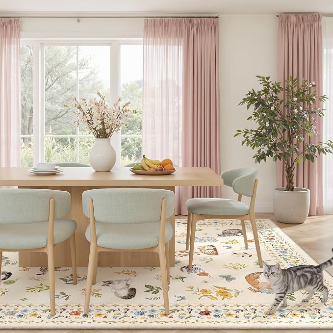 Soalmost Cat 9x12 Area Rugs for Living Room, Machine Washable Animal Floral - Image 3