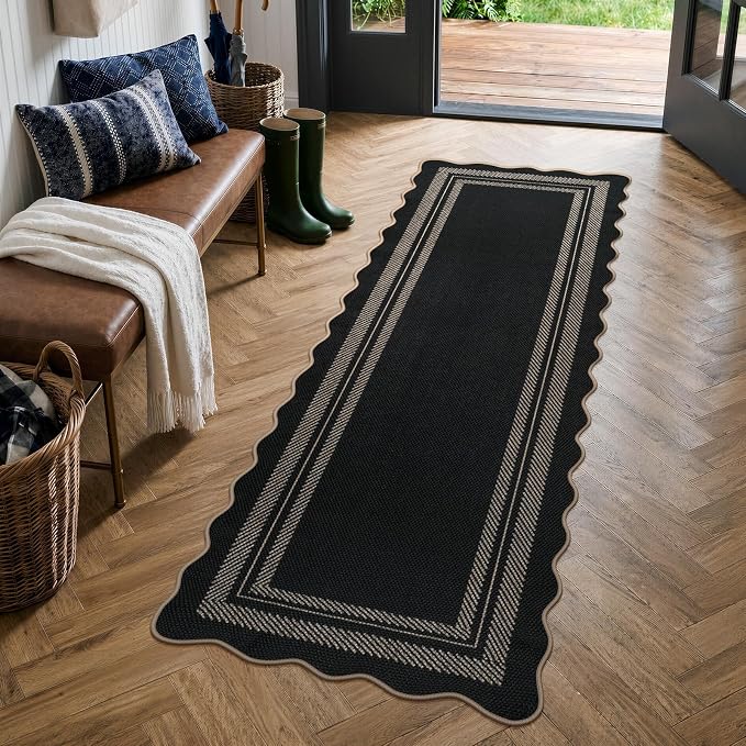 LIVEBOX Scalloped 2x6 Kitchen Runner Rug, Easy Jute Black Rugs - Image 7
