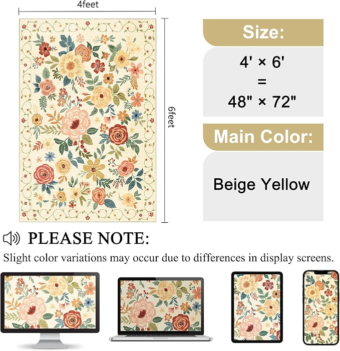 DUKINO 4x6 Area Rug, Lightweight Non Slip Washable Floral Rug, Indoor Low Pile - Image 2