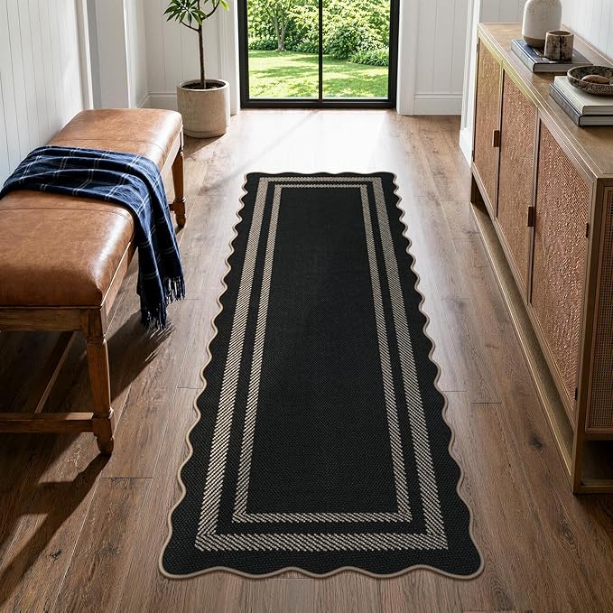 LIVEBOX Scalloped Easy Jute Kitchen Runner Rug, 2x6 Hallway Runner Black Rugs by LIVEBOX