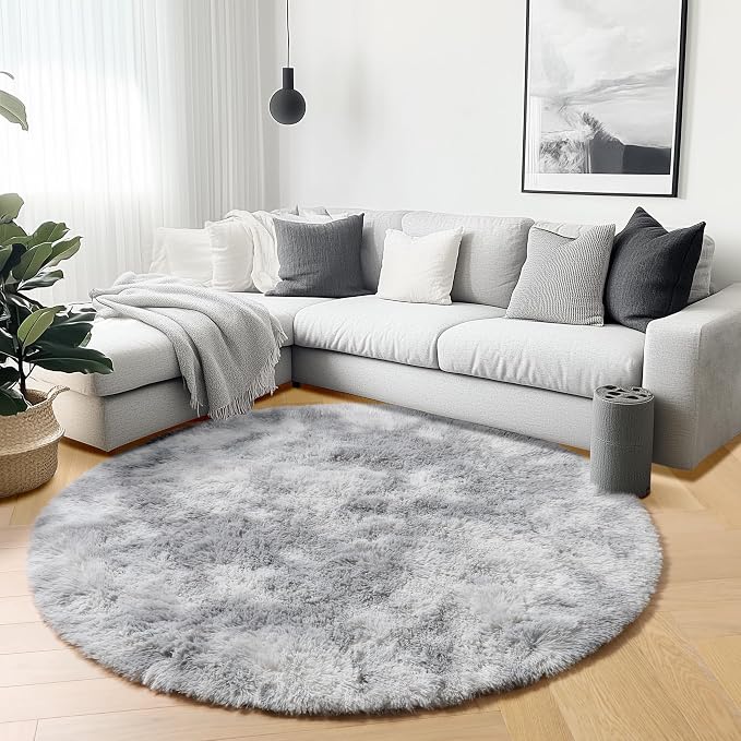 ONASAR Round Rugs 5ft for Bedroom Living Room, Fluffy Tie-Dyed Light Grey - Image 5