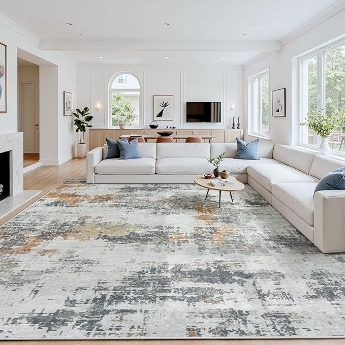 Area Rug 10x14 Living Room Rug Washable: No-Slip Abstract Soft Thin Large Grey by Oriannal