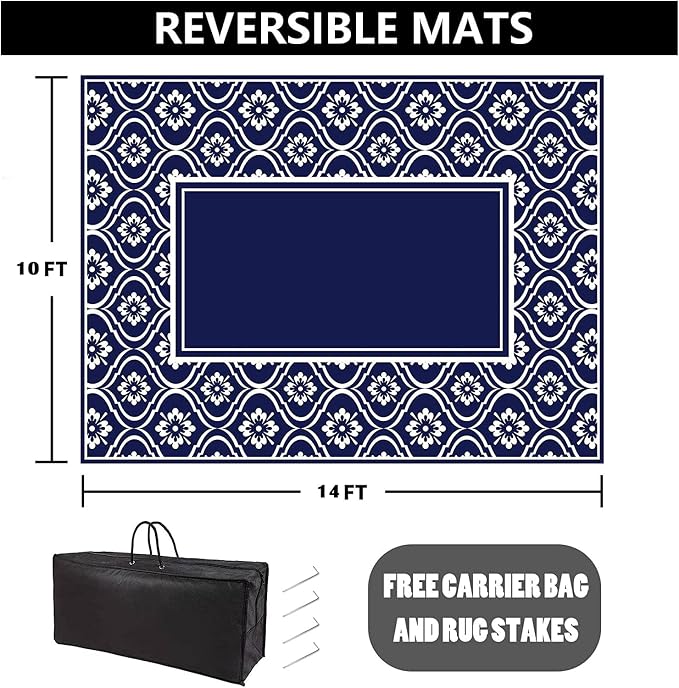 HUGEAR Patio Rug 10'x14' Waterproof Outside Area Rugs Reversible Blue Outdoor - Image 2
