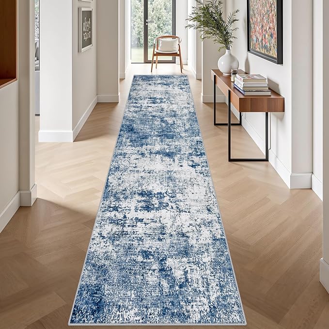 2.6'x14' Runner Rug Washable Rug: Modern Abstract Soft Thin Runner Rug Blue - Image 4