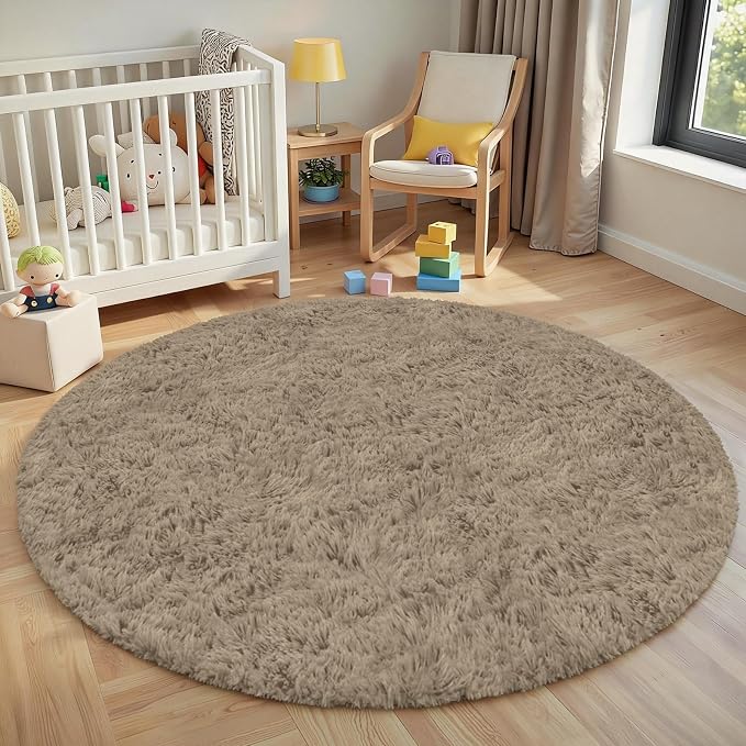Gray Camel Round Fluffy Rug 5ft, Soft Bedroom Circle Rugs Mats - Image 8