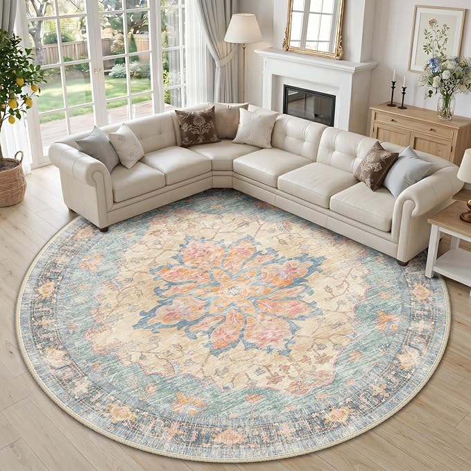 RELEANY Area Rugs Round 10ft Washable Non-Slip, Floral Vintage Distress by RELEANY