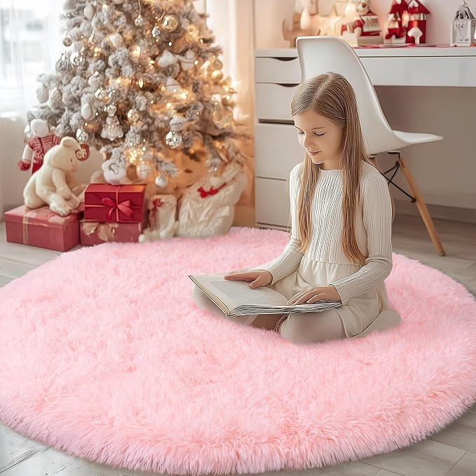 Round Fluffy Pink Rug for Bedroom, 5Ft Fuzzy Shag Circle Area Rug for Girls by WISHTREE