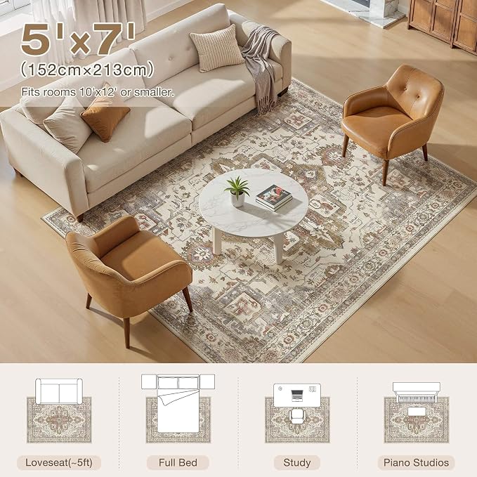 5x7 Washable Area Rugs for Living Room, Large Rug Non Slip Backing Vintage - Image 8