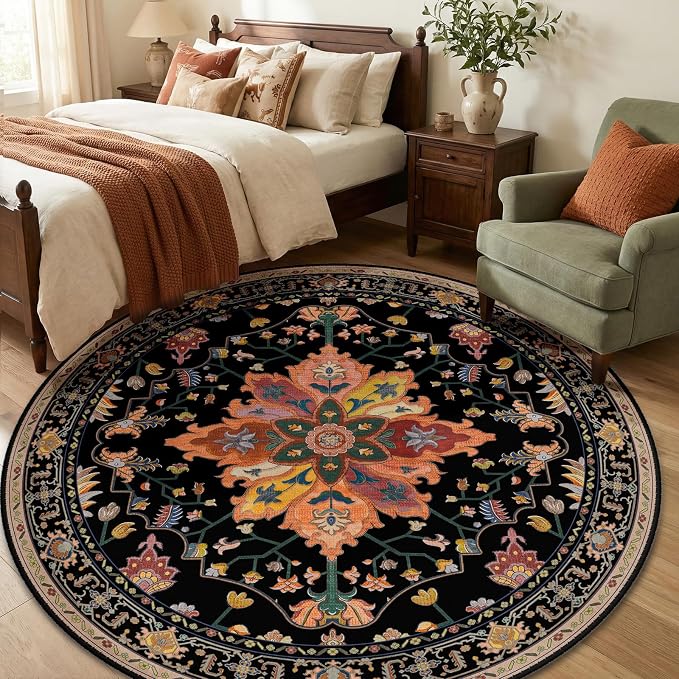 RELEANY Area Rugs Round 6ft Washable Non-Slip, Floral Vintage Distress - Image 2
