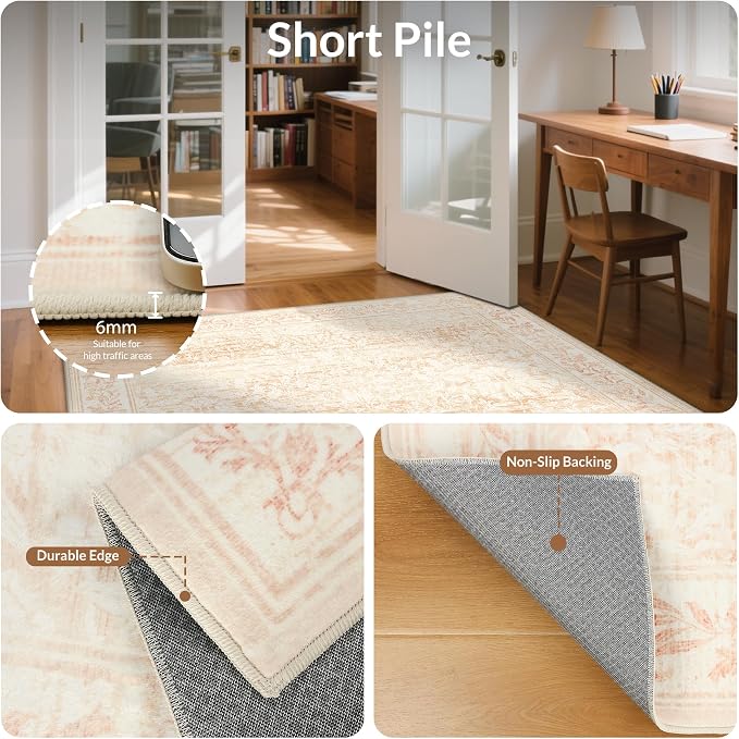 GENIMO 6x9 Washable Area Rug, Non-Slip Vintage Boho Floral Carpet, Soft - Image 5