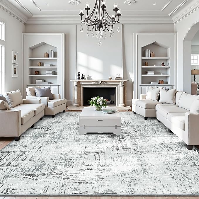 Rugflix 9x12 Washable Area Rugs, Neutral Boho Carpet Living Room Rug Non Slip by RugflixAreaRugs