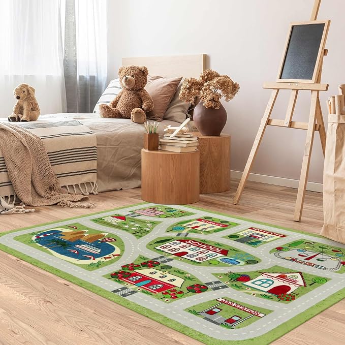 LIVEBOX Green Kids Rug for Kids Room, Non-Slip Soft Toy Car Rugs for Baby - Image 8