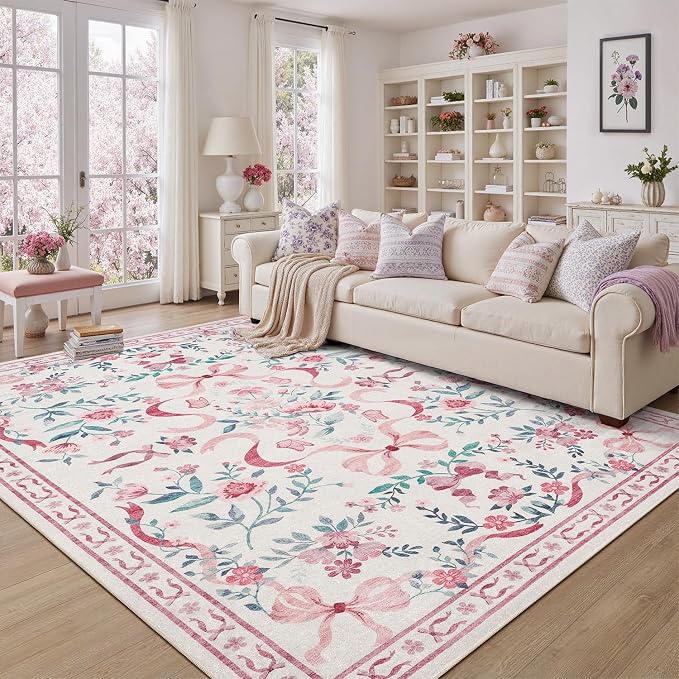 DCX Washable 9x12 Bow Rug, Cute Soft Low Pile Indoor Décor Carpet, Kid & Pet - Image 3