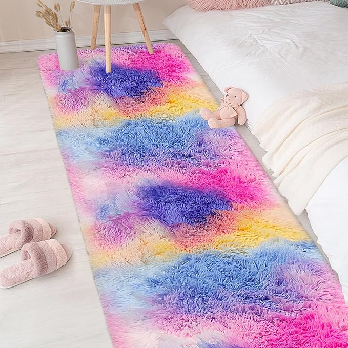Soft Fluffy Pink Rainbow Rug for Girls Bedroom Carpet 2x8 Tie Dyed Shag Runner by TENNOLA
