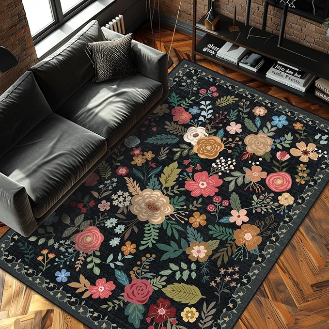 5x7 Area Rug, Floral Rugs for Living Room, Stain-Resistant Washable Bedroom Rug by Unknown