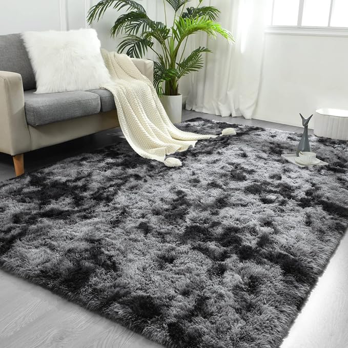 FlyDOIT Large Area Rugs for Living Room, 5x8 Feet Tie-Dyed Dark Grey Shaggy Rug by FlyDOIT