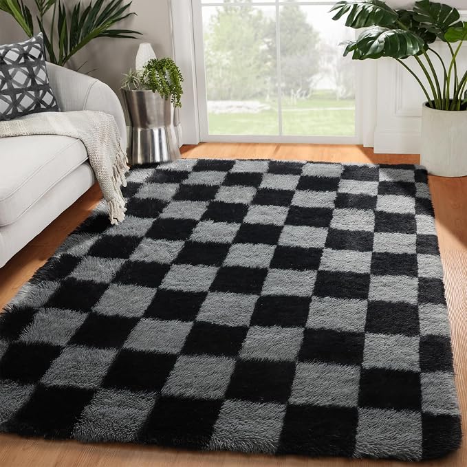 KICMOR Black and Grey Area Rug for Bedroom, 4x6 Fluffy Fuzzy Shag Checkered by KICMOR