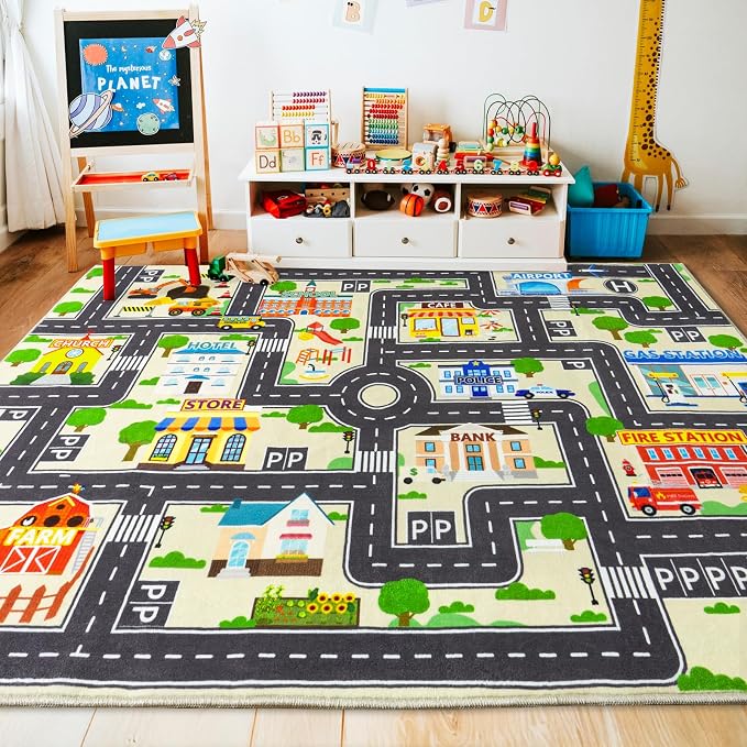 Car Rug Play Mat for Kids Toy Cars, City Road Traffic Playmat for Kid Bedroom - Image 2